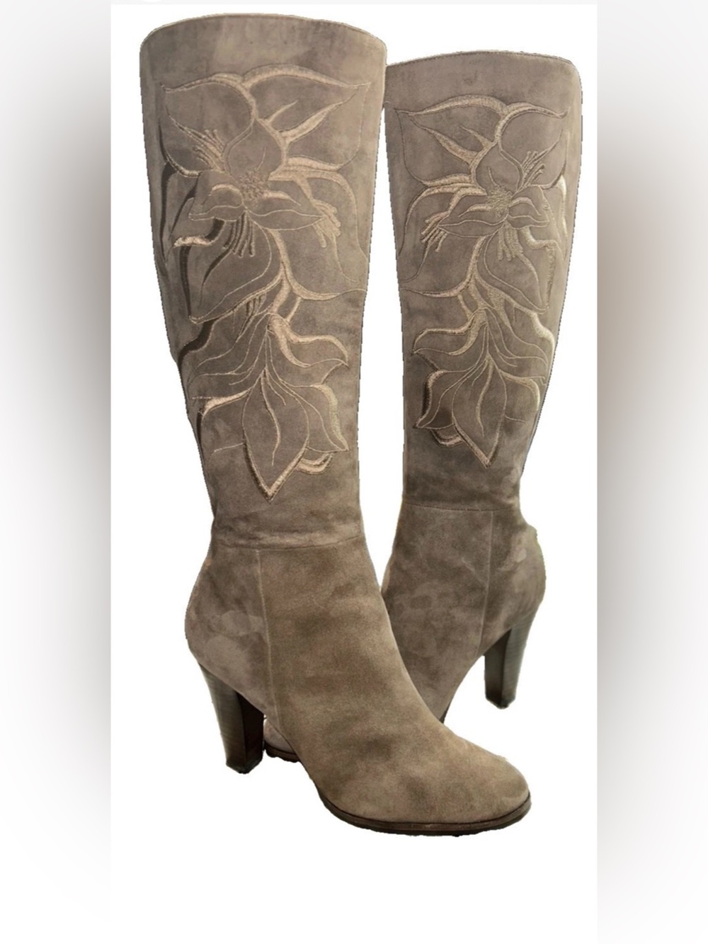Isola Taupe Brown Suede Embroidered Floral Knee High Heeled Boots Size 9.5M